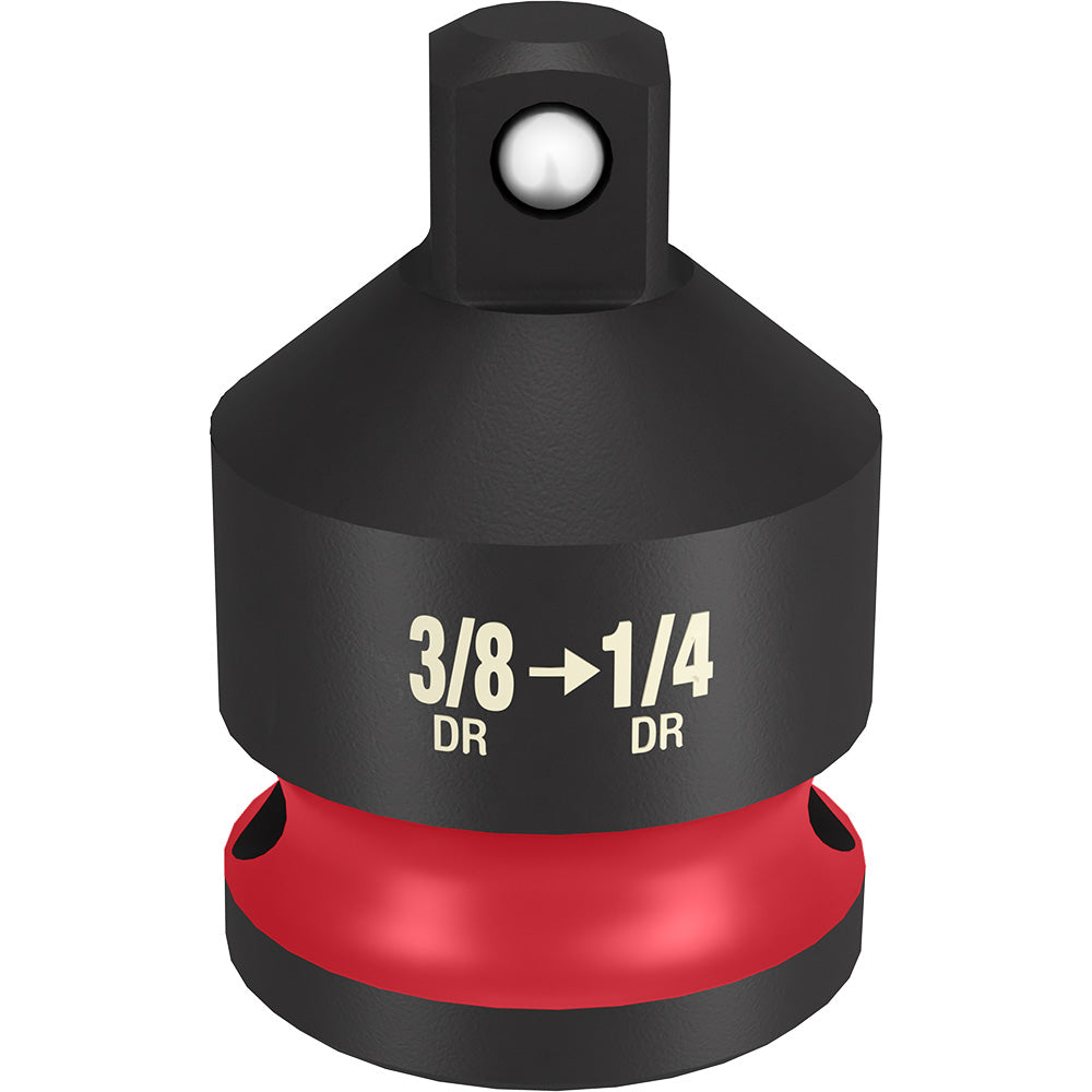 Black and red socket adapter with 3/8" drive to 1/4" drive reducer and ball detent top.