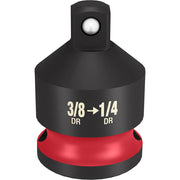 Black and red socket adapter with 3/8" drive to 1/4" drive reducer and ball detent top.