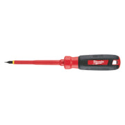 Milwaukee insulated screwdriver with red shaft, black grip, and flat cabinet tip.