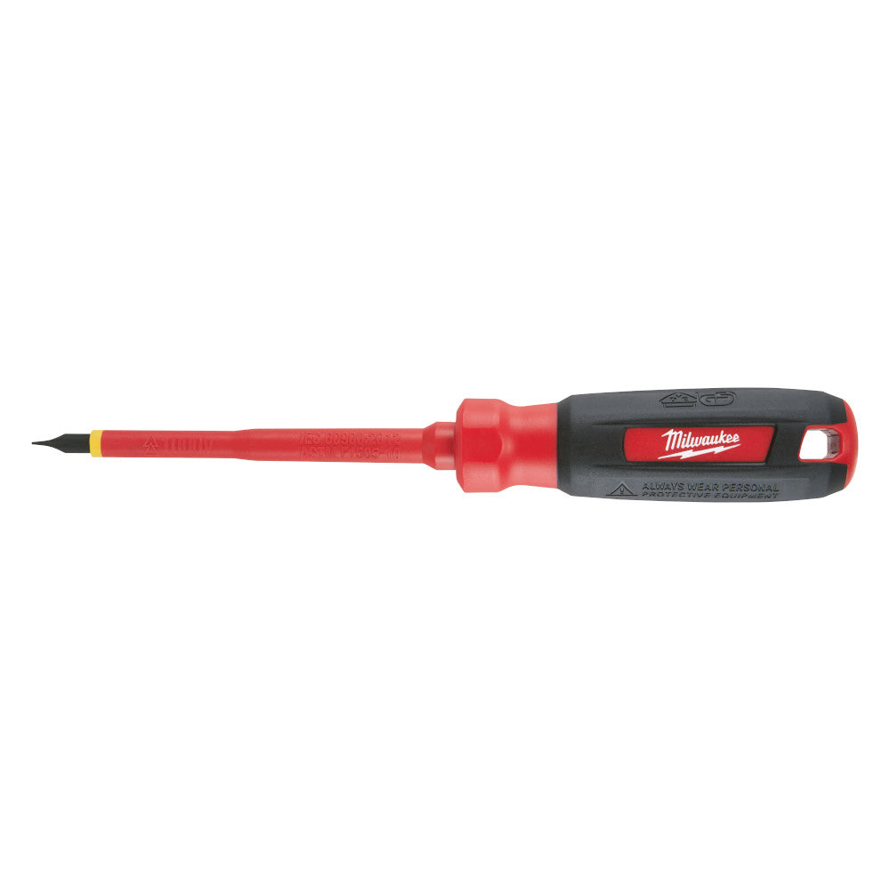 Milwaukee insulated screwdriver with red shaft, black grip, and flat cabinet tip.
