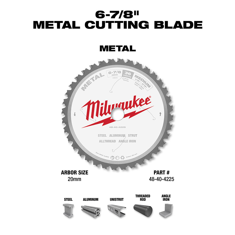 Milwaukee 6-7/8 inch metal cutting circular saw blade with carbide teeth and 20mm arbor hole.