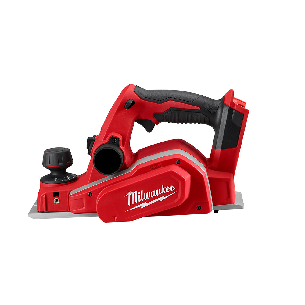 Red and black Milwaukee cordless planer with handle, depth adjustment knob, and dust chute on left side.