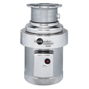 Stainless steel commercial garbage disposer with cylindrical body, top-mounted sink flange, and control panel with red power 