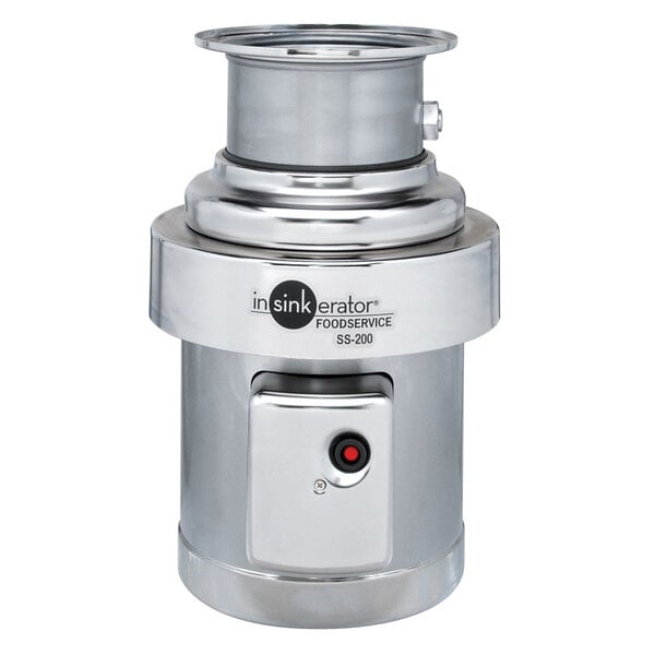 Stainless steel commercial garbage disposer with cylindrical body, top-mounted sink flange, and control panel with red power 