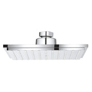 Square brushed nickel shower head with metallic finish and circular spray nozzles on underside.