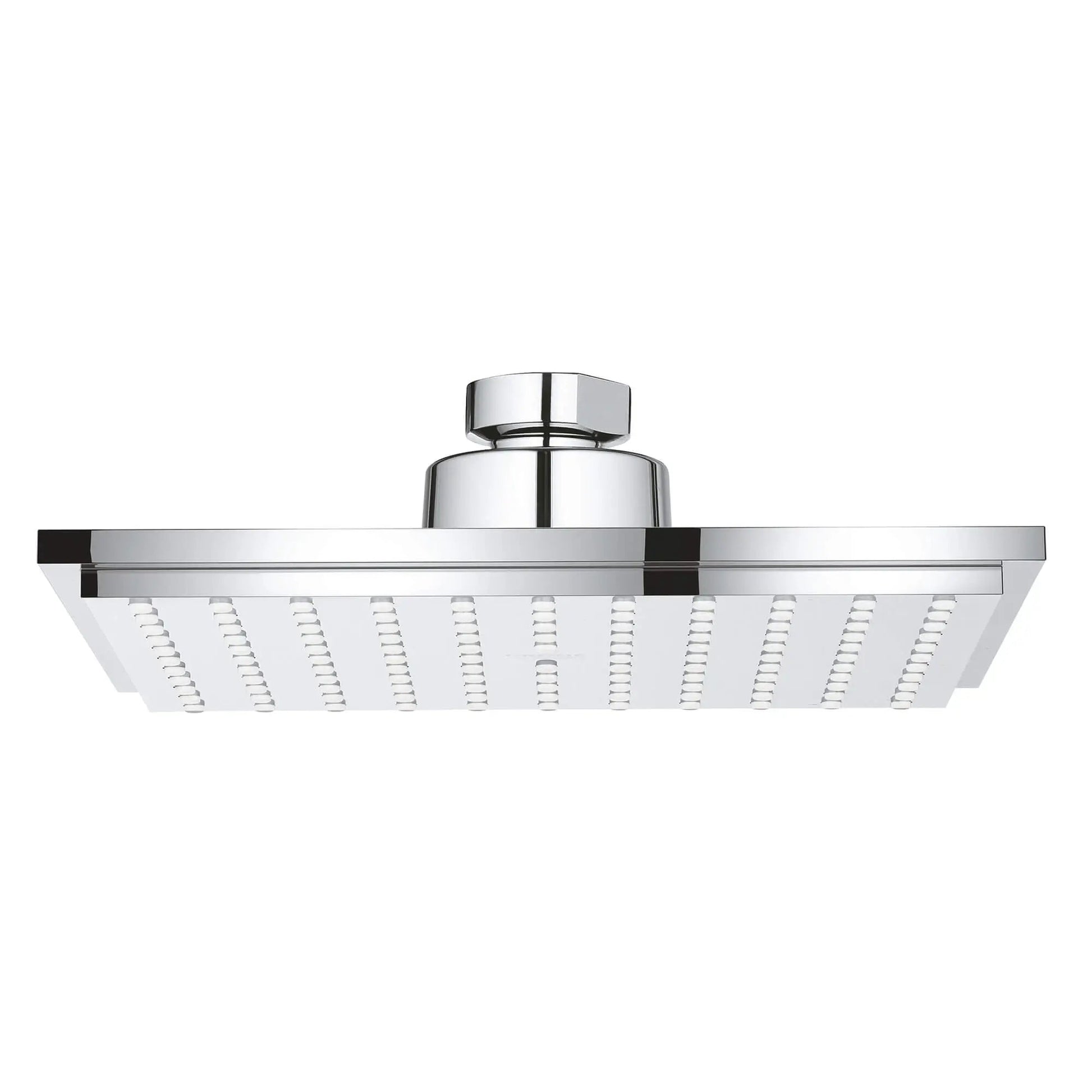 Square brushed nickel shower head with metallic finish and circular spray nozzles on underside.