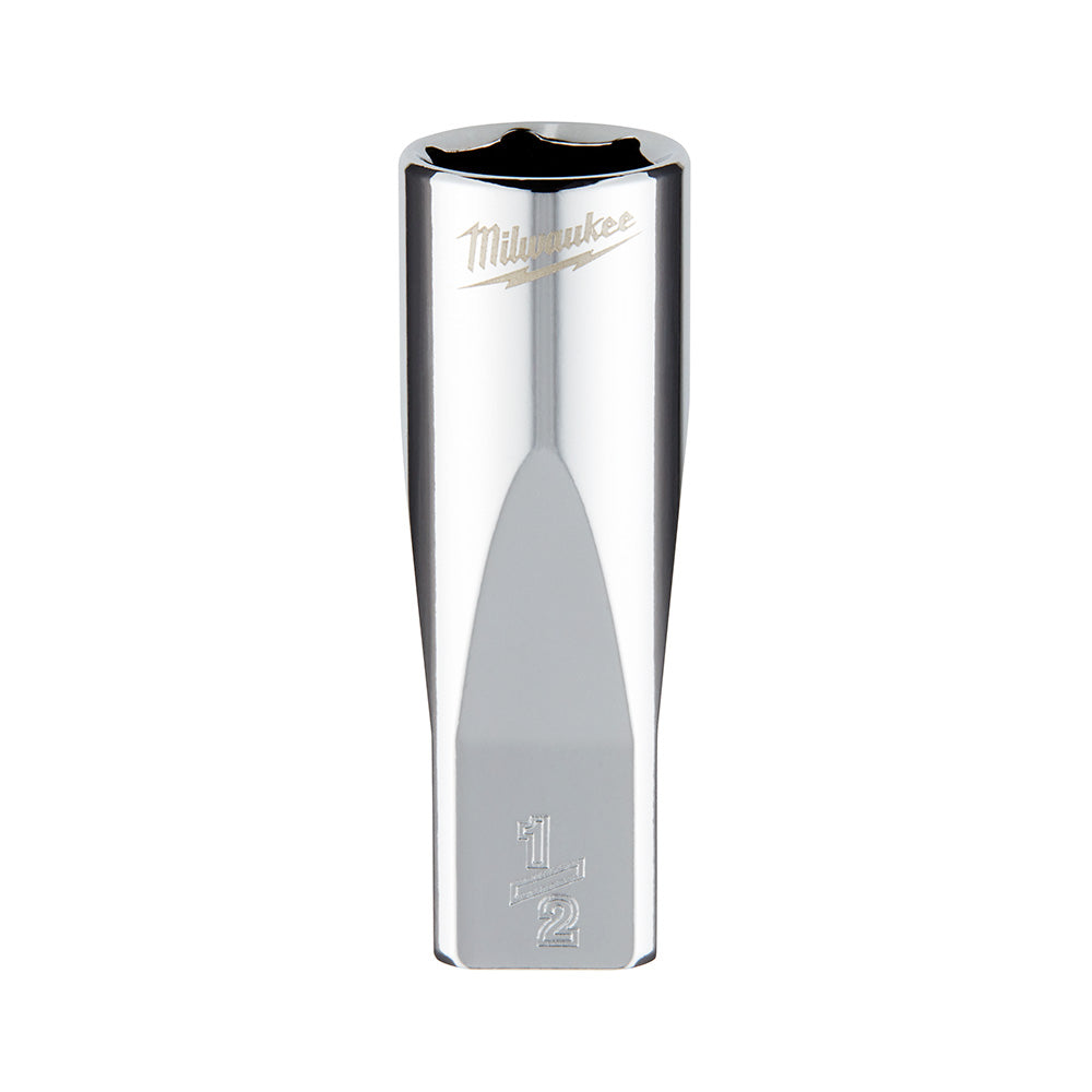 Milwaukee chrome deep socket with 6-point hex opening and 1/2 in. size marking on lower body.