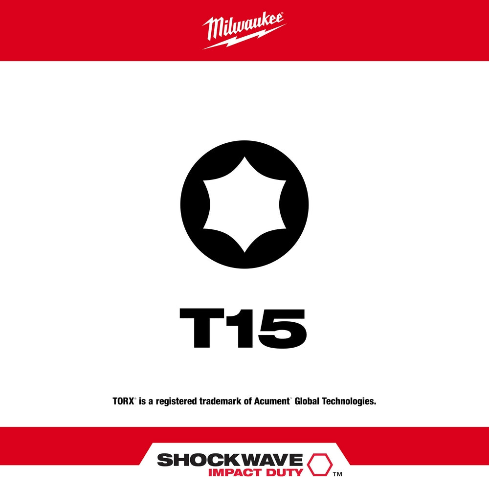 Torx T15 star-shaped power bit with black circular head on white background, Milwaukee branding above.