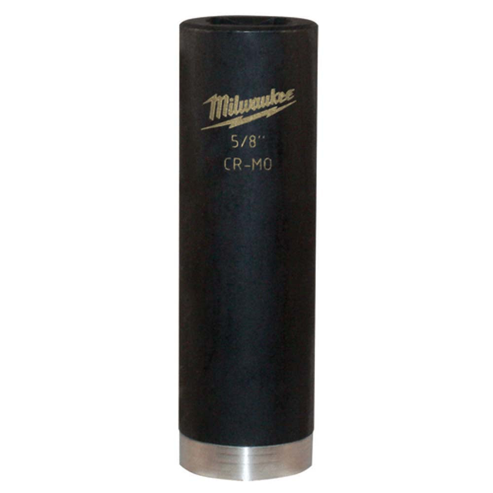 Black cylindrical deep well socket with Milwaukee branding, 5/8" marking, and metal base.