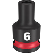 Black impact socket with red grip band marked "6" and hexagonal opening at top.