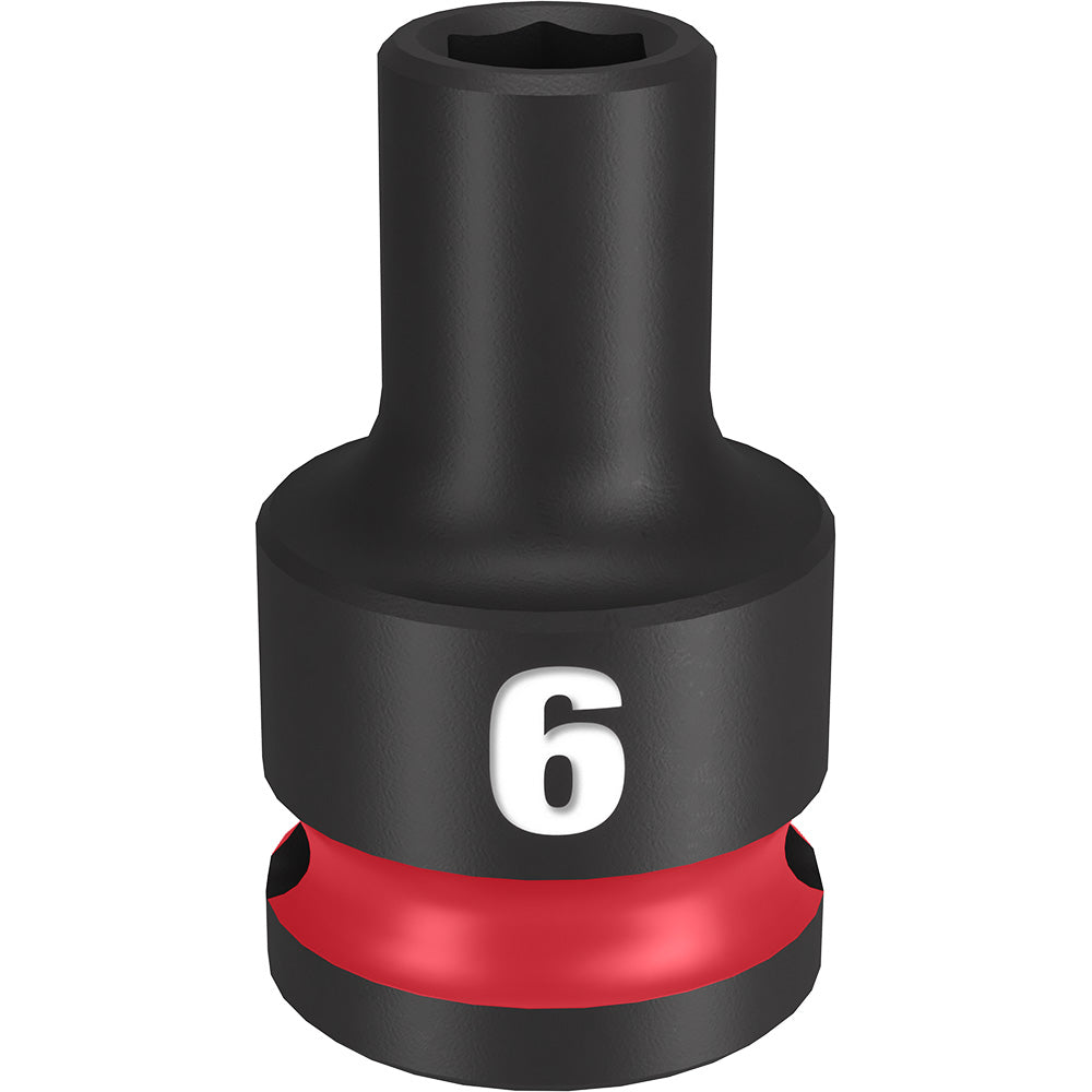 Black impact socket with red grip band marked "6" and hexagonal opening at top.