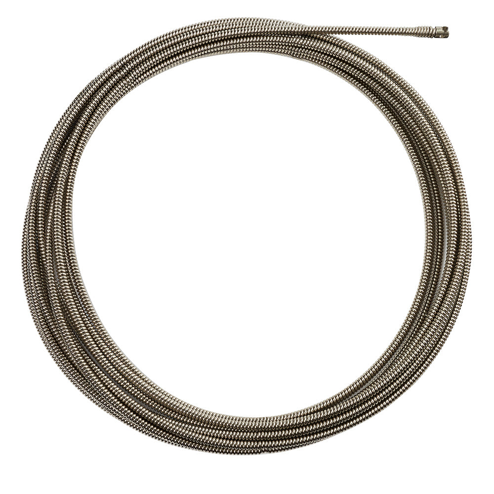 Coiled metal drain cleaning cable with 3/8 inch diameter and connector fitting at end.