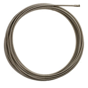 Coiled metal drain cleaning cable with 3/8 inch diameter and connector fitting at end.