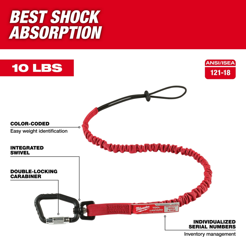 Red and black 10 lb. tool lanyard with elastic cord, loop end, double-locking carabiner, and integrated swivel.