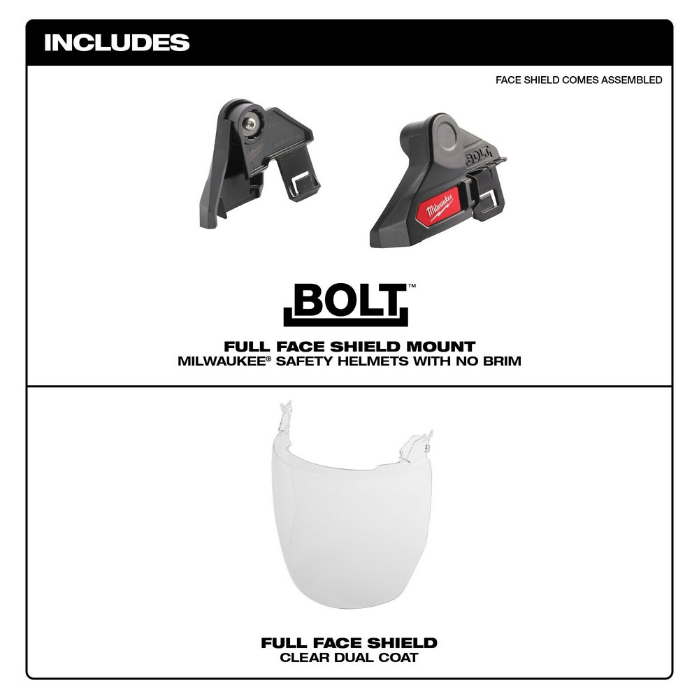Milwaukee BOLT full face shield mount with clear dual coat lens and two black mounting brackets for safety helmets.