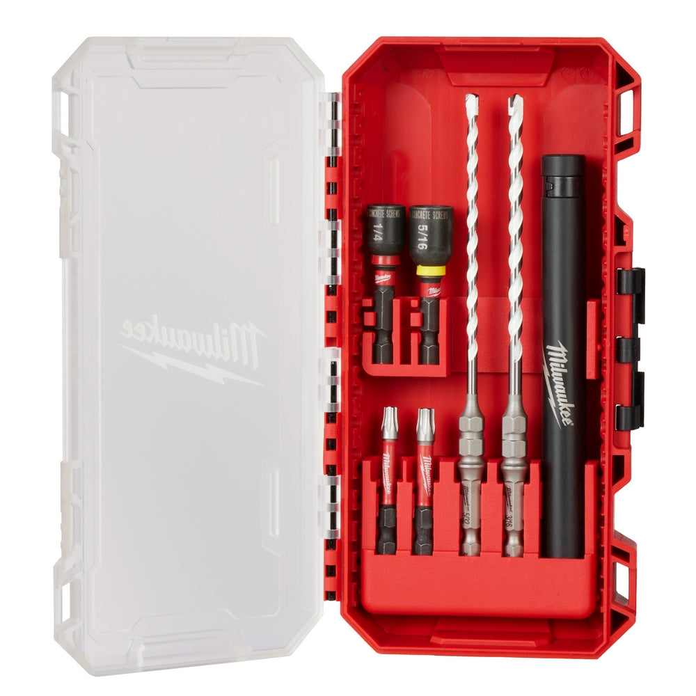 Milwaukee Shockwave 7-piece drill bit and concrete screw kit in red plastic case with accessories.
