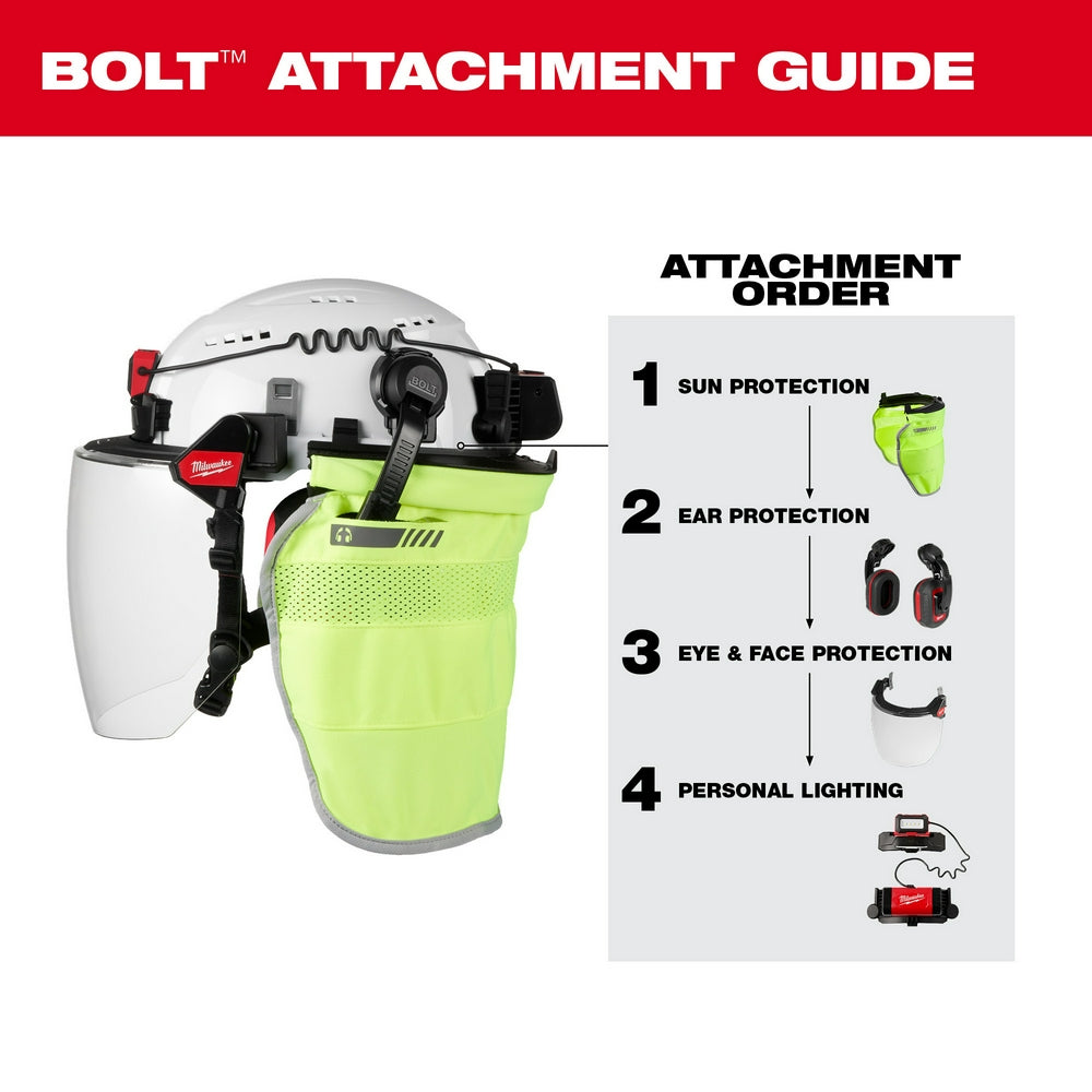 Black and red BOLT earmuffs with foam ear cups shown mounted on protective equipment assembly guide display.