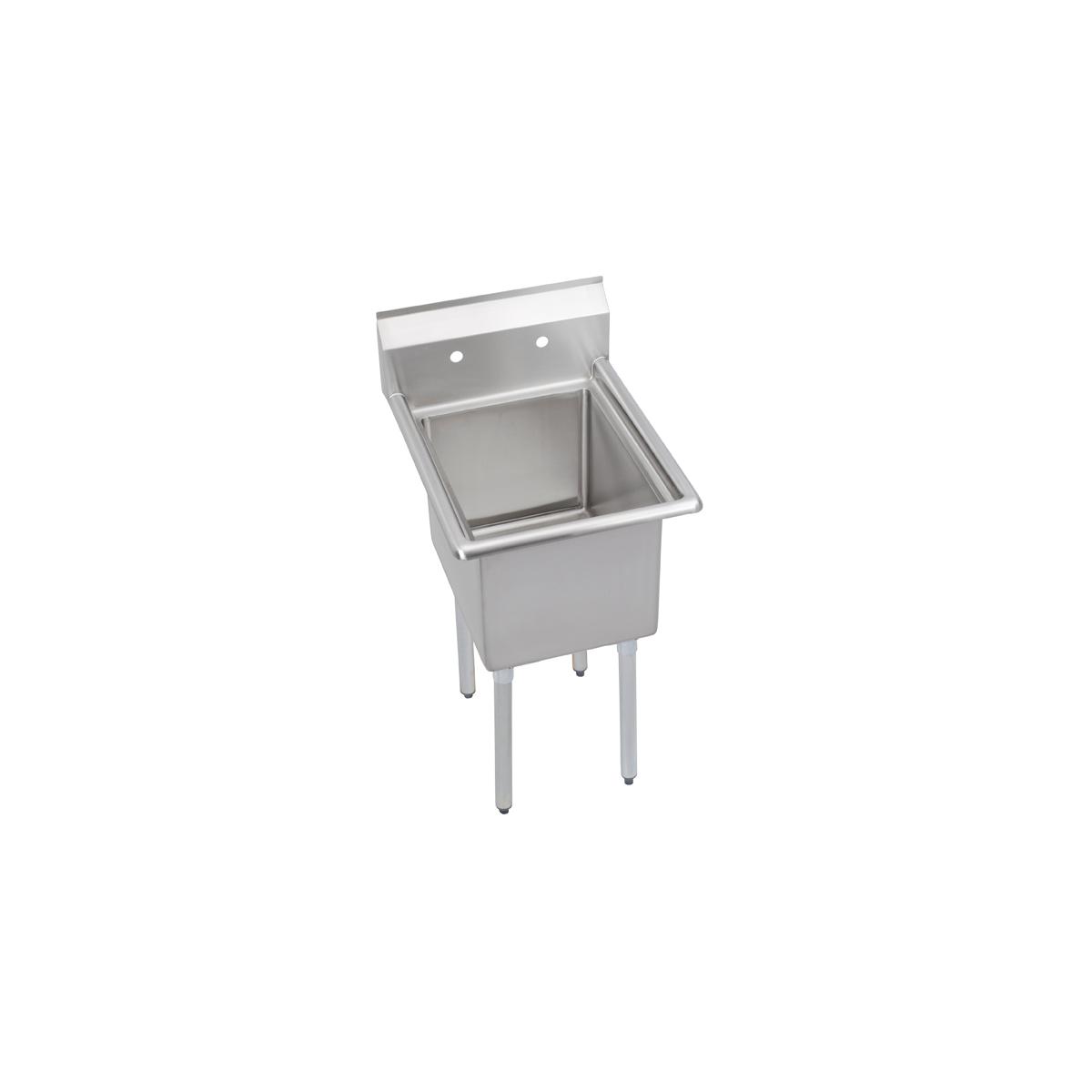 Stainless steel one-compartment sink with backsplash, drainboard, and four straight legs.