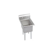 Stainless steel one-compartment sink with backsplash, drainboard, and four straight legs.