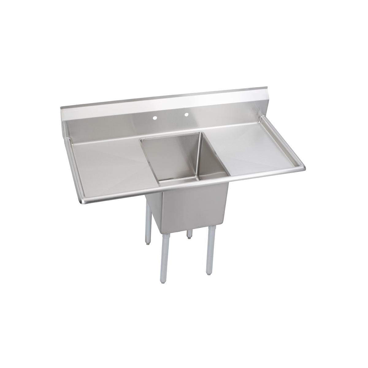 Stainless steel one-compartment sink with left and right drainboards and four legs.