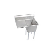 Stainless steel one-compartment sink with left drainboard and four legs.