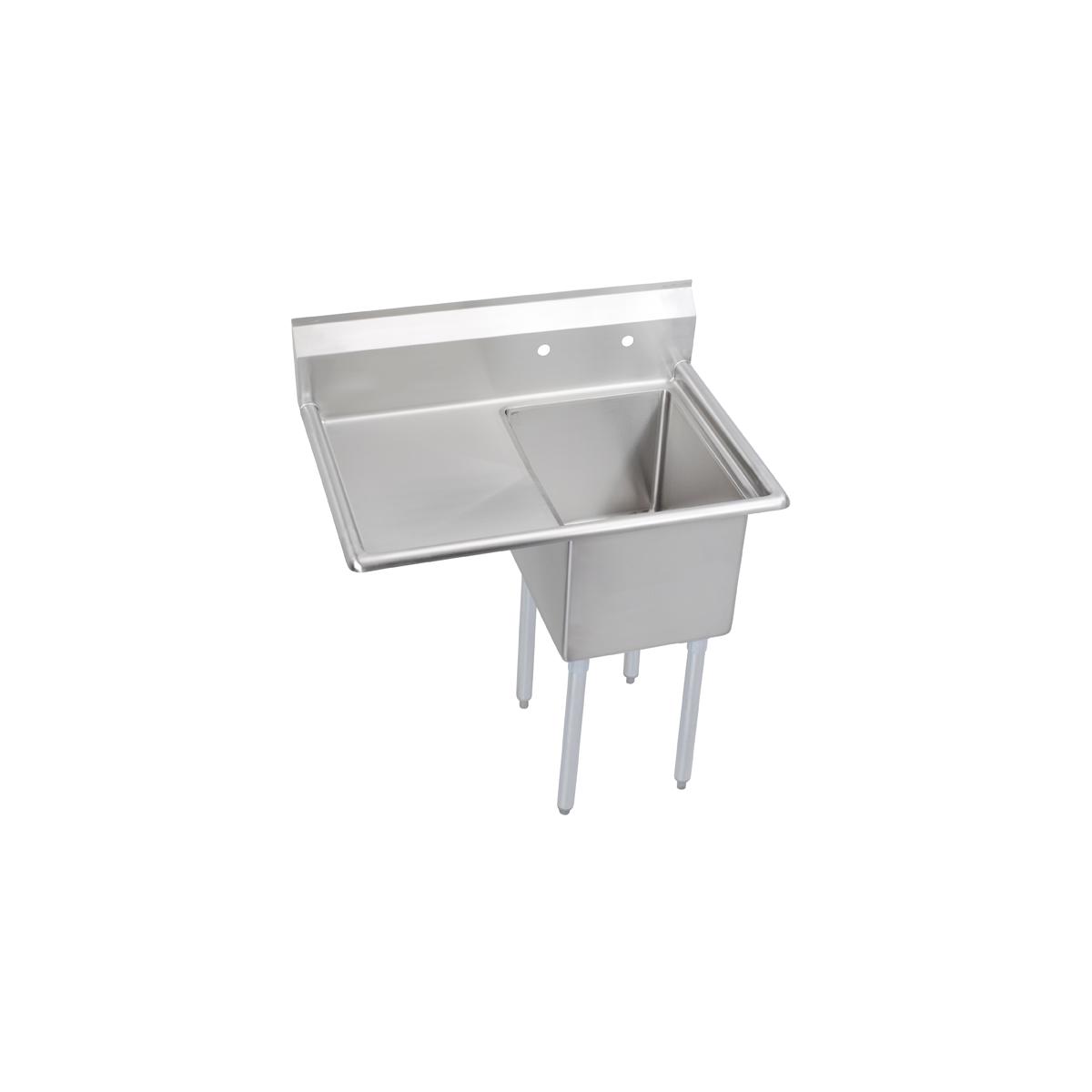 Stainless steel one-compartment sink with left drainboard and four legs.