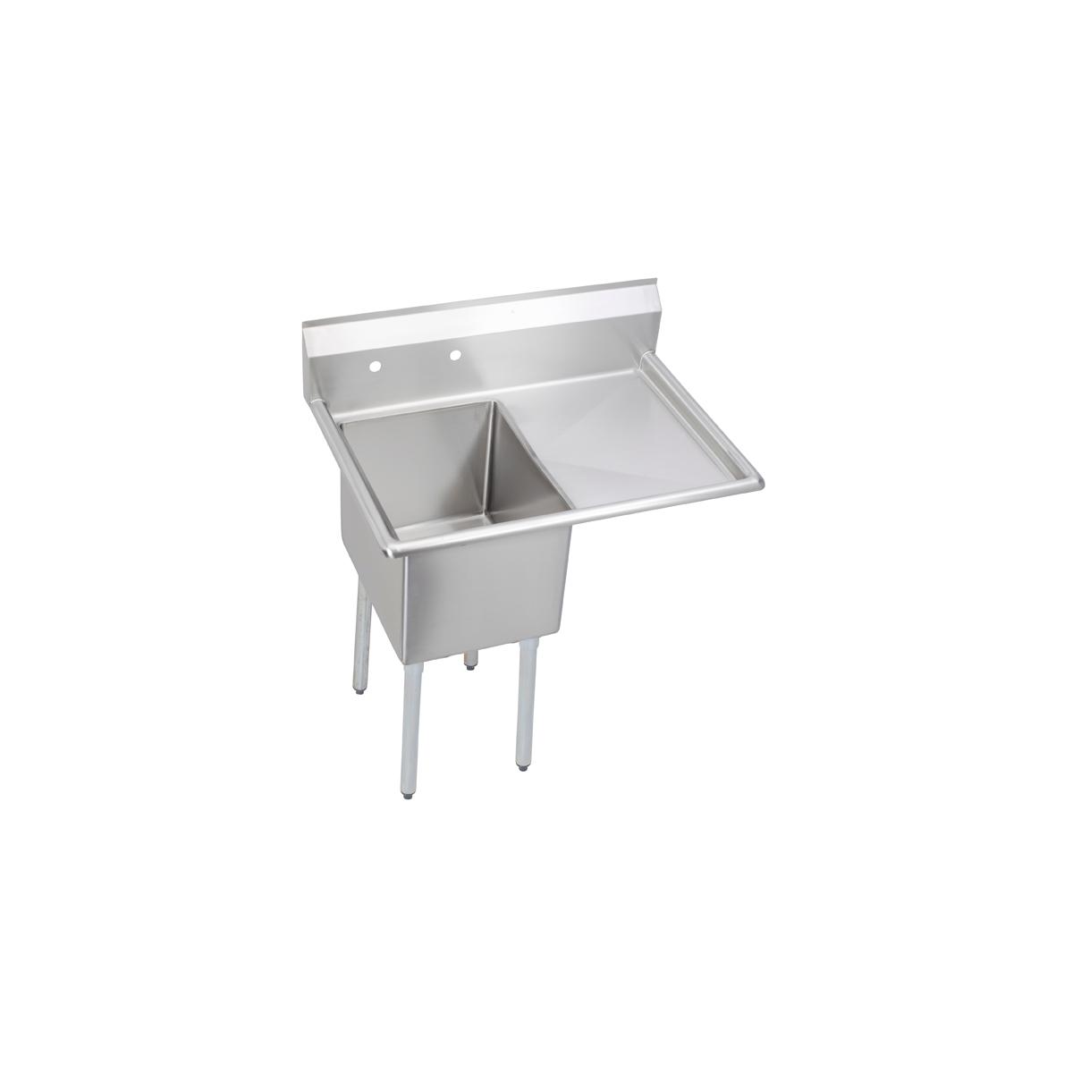 Stainless steel one-compartment sink with right drainboard and four legs.
