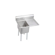 Stainless steel one-compartment sink with right drainboard and four legs.