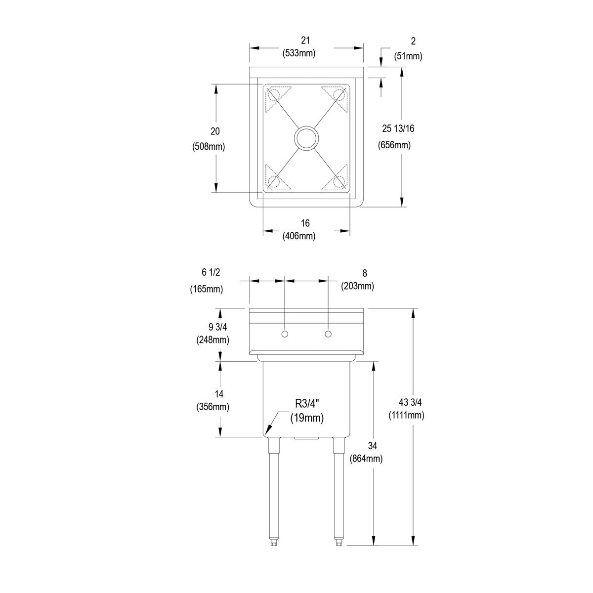 Technical drawing of stainless steel one-compartment sink with dimensions and stainless steel legs.