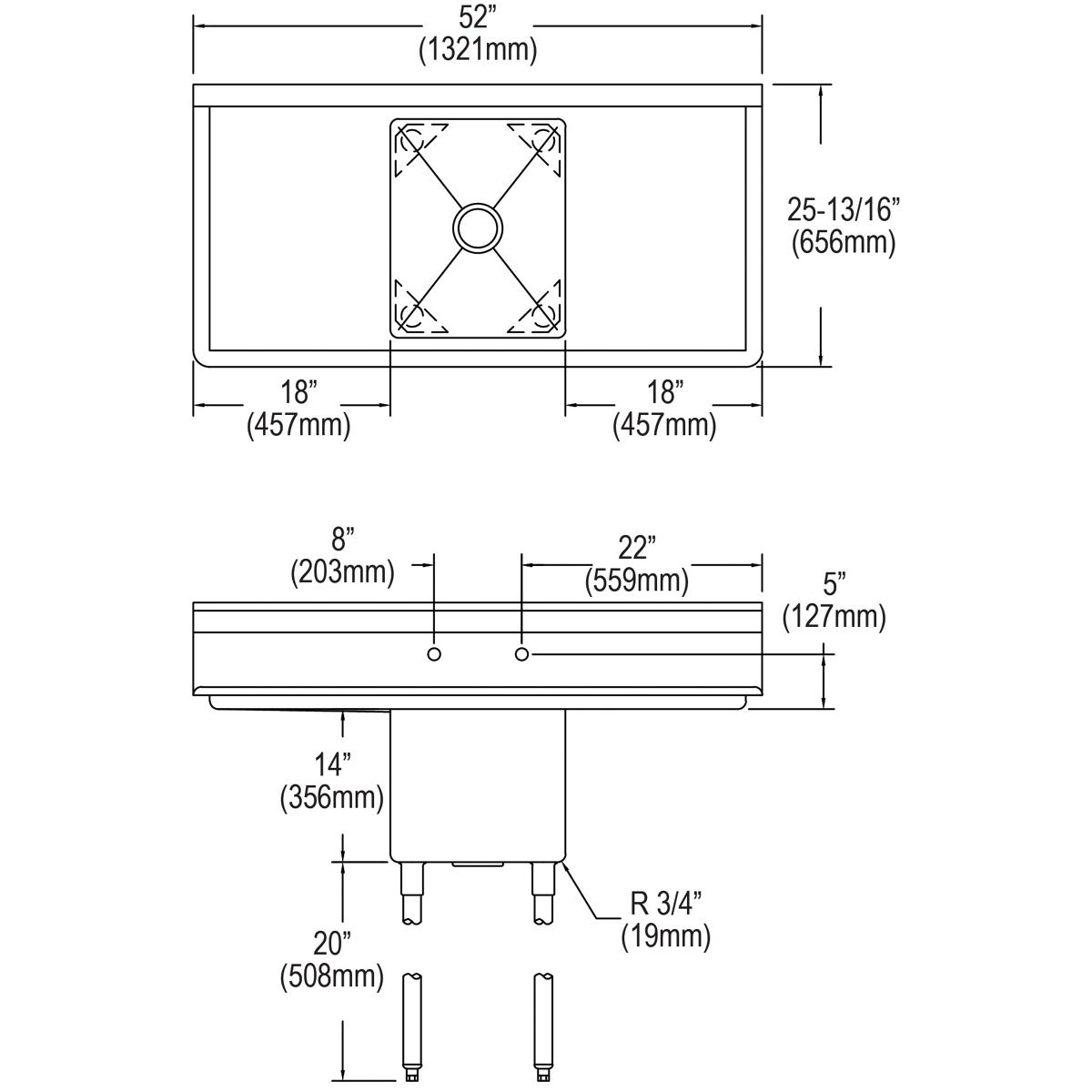 Stainless steel commercial sink with one compartment, 18-inch left and right drainboards, and stainless steel legs.