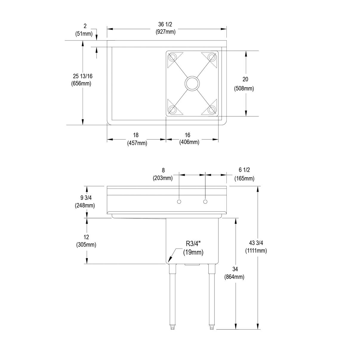 Stainless steel one-compartment sink with 18" left drainboard and four legs, shown in top and side elevation views with dimen