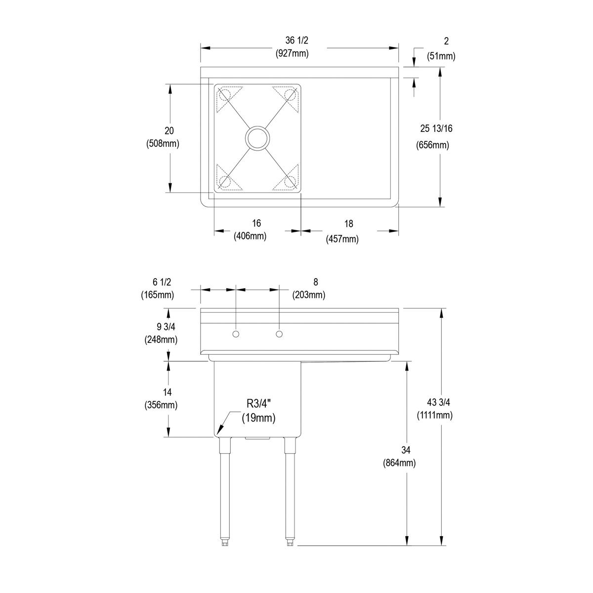 Stainless steel one-compartment sink with 18" right drainboard and four-leg stand, shown in technical diagram with dimensions