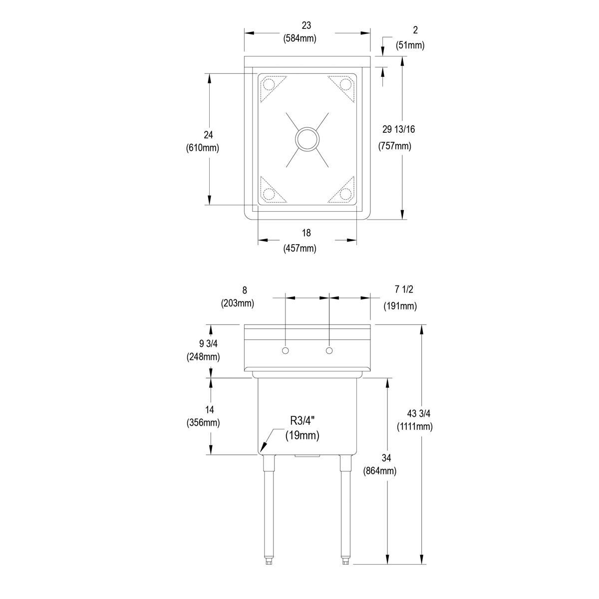 Technical drawing of stainless steel one-compartment sink with dimensions, drain detail, and four support legs.