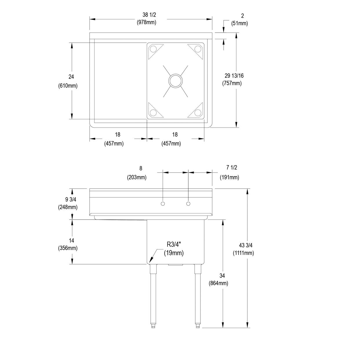 Stainless steel one-compartment sink with 18-inch left drainboard and four legs, shown in top and side technical drawings wit