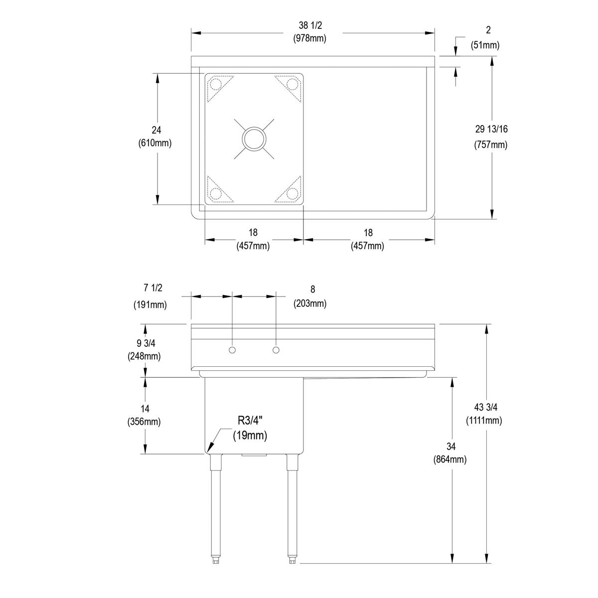 Technical drawing of stainless steel single-compartment sink with right drainboard and four legs, showing top and side views 