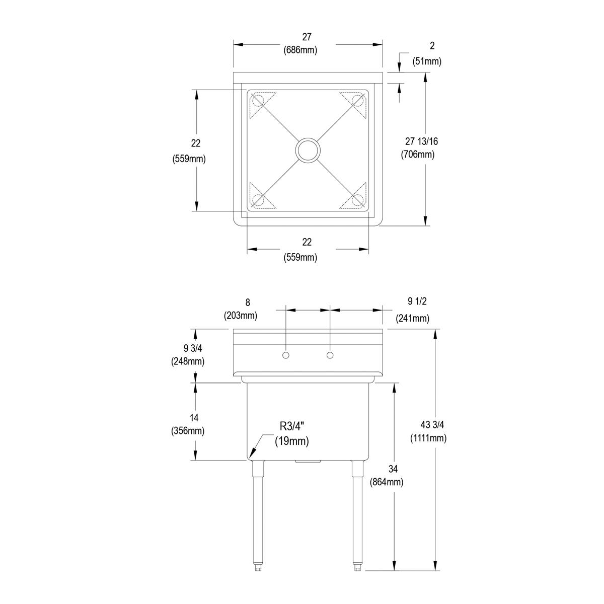 Stainless steel one-compartment sink with single basin and four legs, shown in top and side technical views with dimensions.