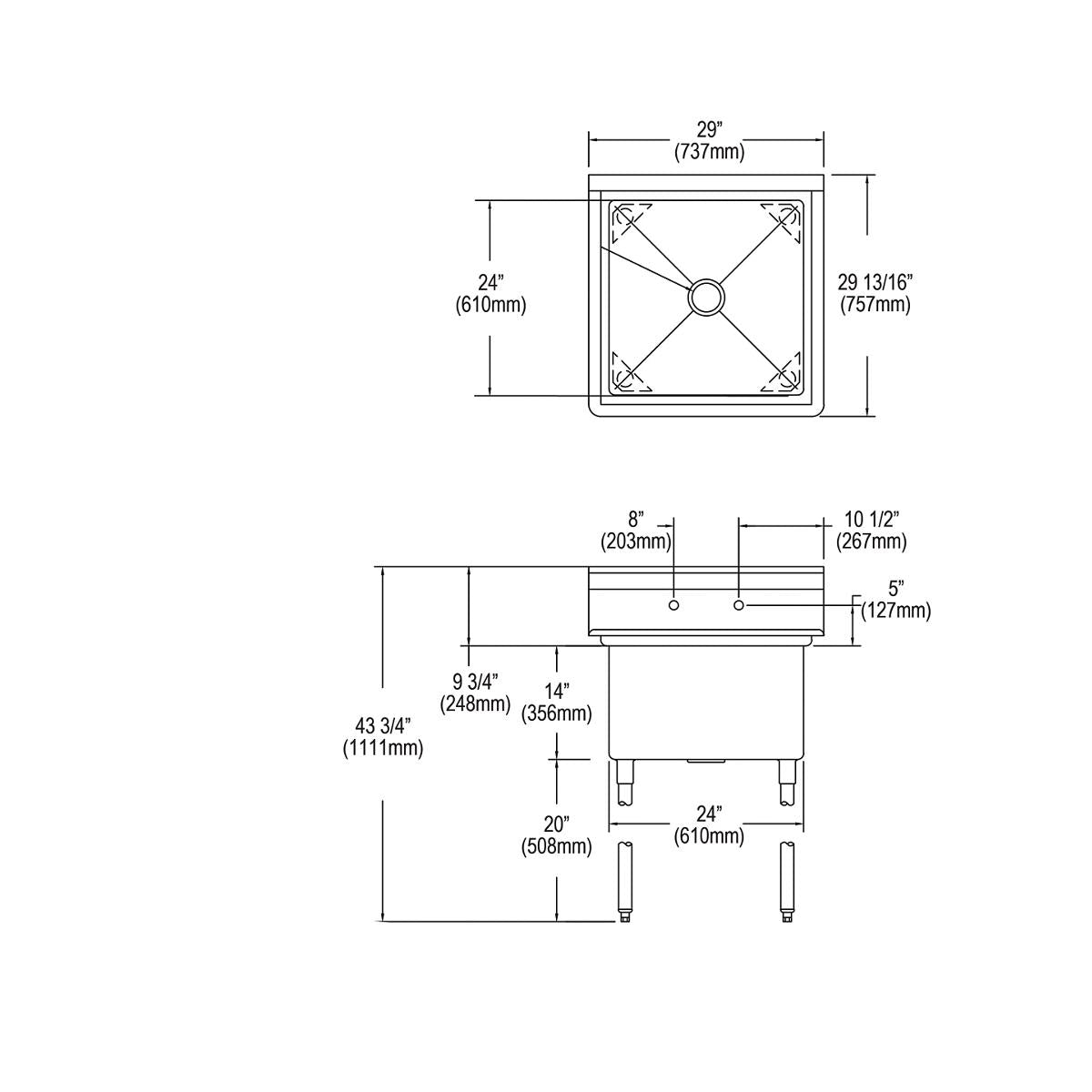 Stainless steel single-compartment sink with integrated faucet deck and four legs, shown in top and side elevation technical 