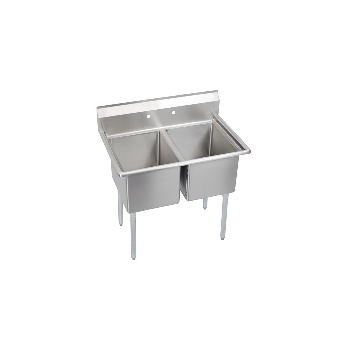 Stainless steel two-compartment sink with backsplash and four legs on white background.