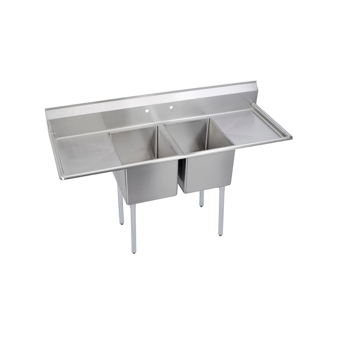 Stainless steel two-compartment sink with dual drainboards on left and right sides and four metal legs.