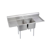 Stainless steel two-compartment sink with dual drainboards on left and right sides and four legs.