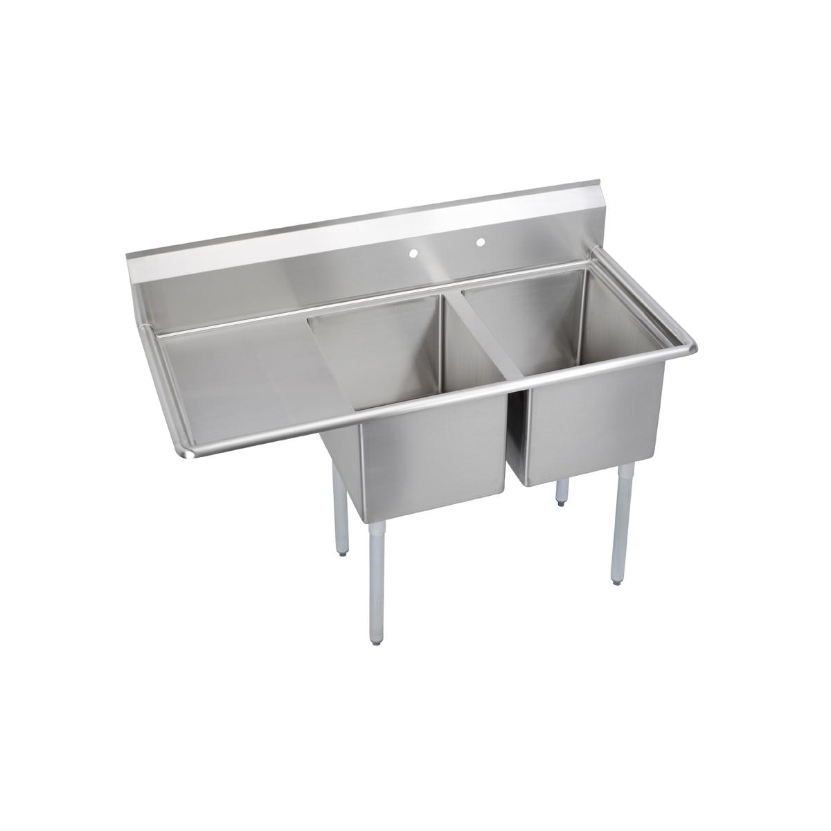 Stainless steel two-compartment sink with left drainboard and four metal legs.