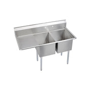 Stainless steel two-compartment sink with left drainboard and four metal legs.