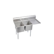 Stainless steel two-compartment sink with right drainboard and four legs.