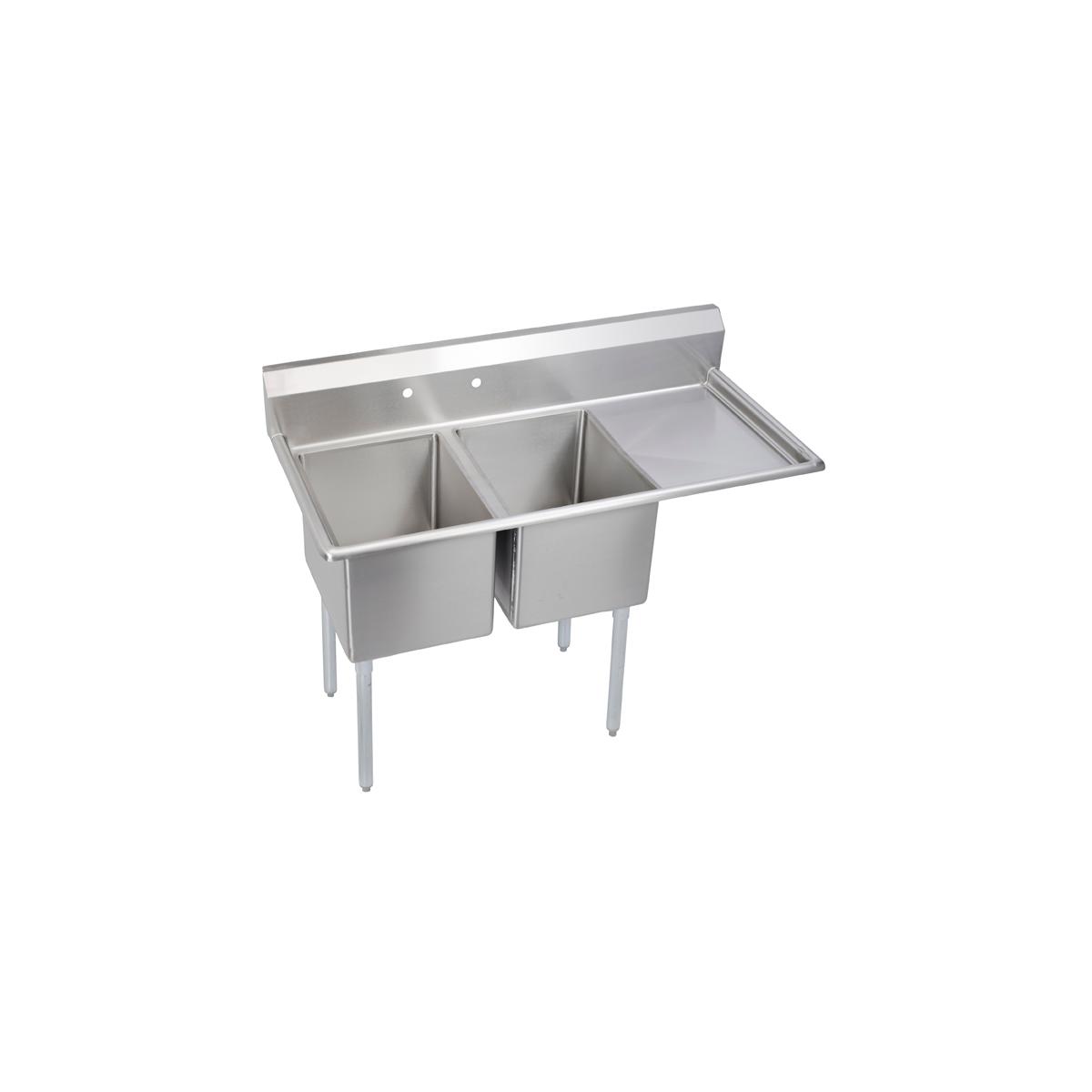 Stainless steel two-compartment sink with right drainboard and four legs.
