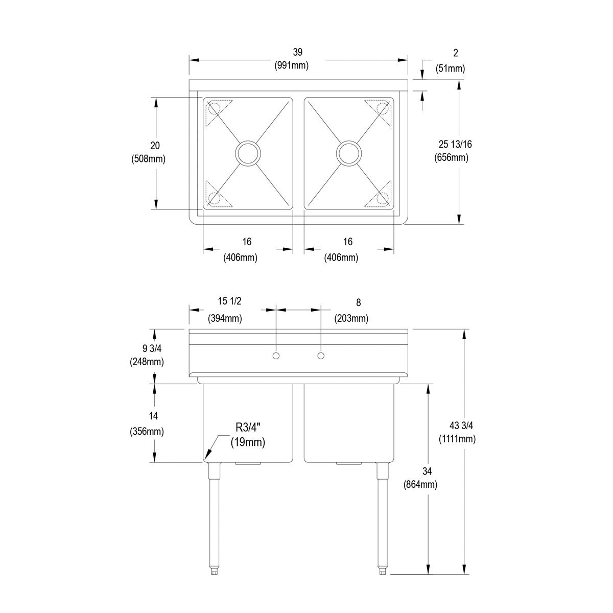 Two-compartment stainless steel sink with equal-sized bowls and stainless steel legs, shown in top and side technical drawing