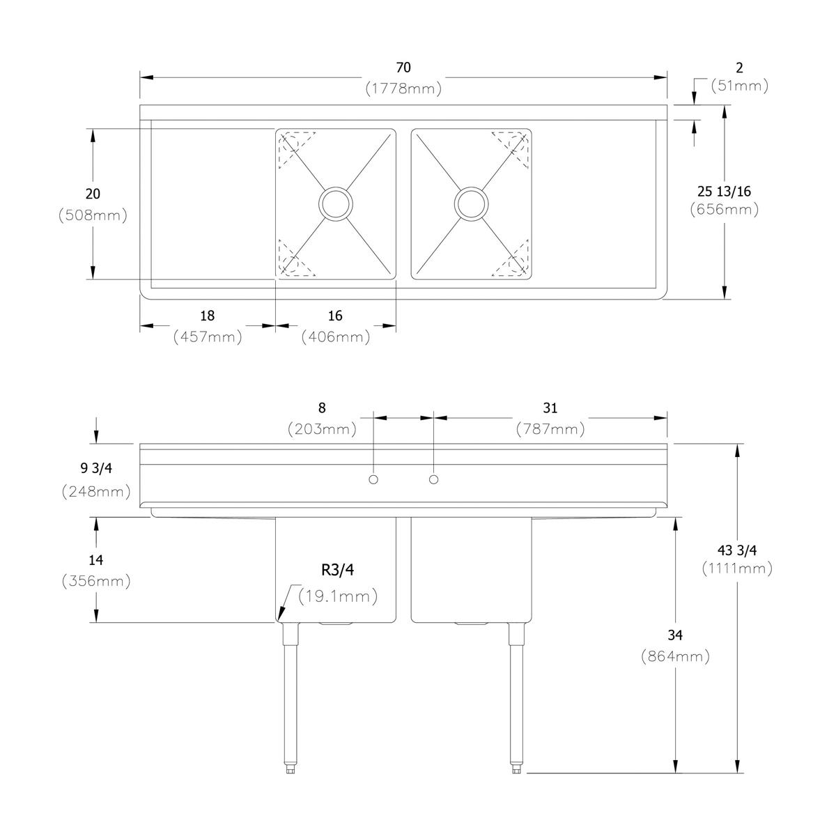 Two-compartment stainless steel sink with 18-inch drainboards on each side and stainless steel legs, shown in top and side sc