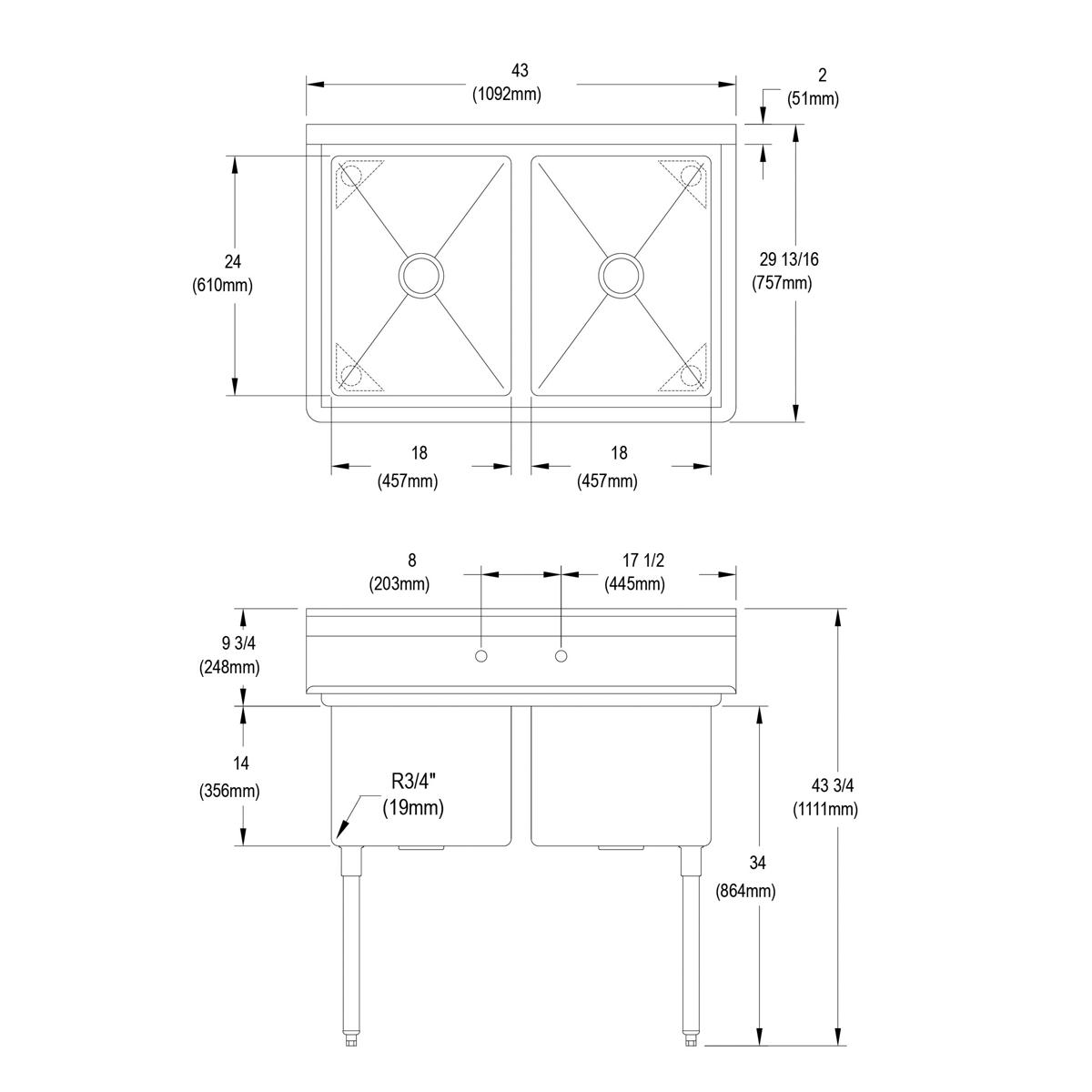 Two-compartment stainless steel sink with drain holes and four legs, shown in top and side technical drawings with dimensions