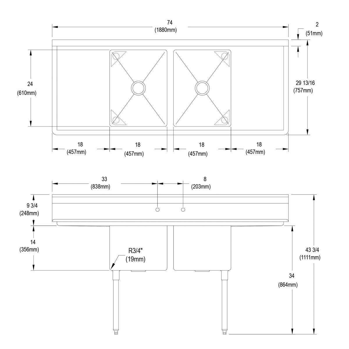 Two-compartment stainless steel sink with dual drainboards and four legs shown in technical top and side views with dimension