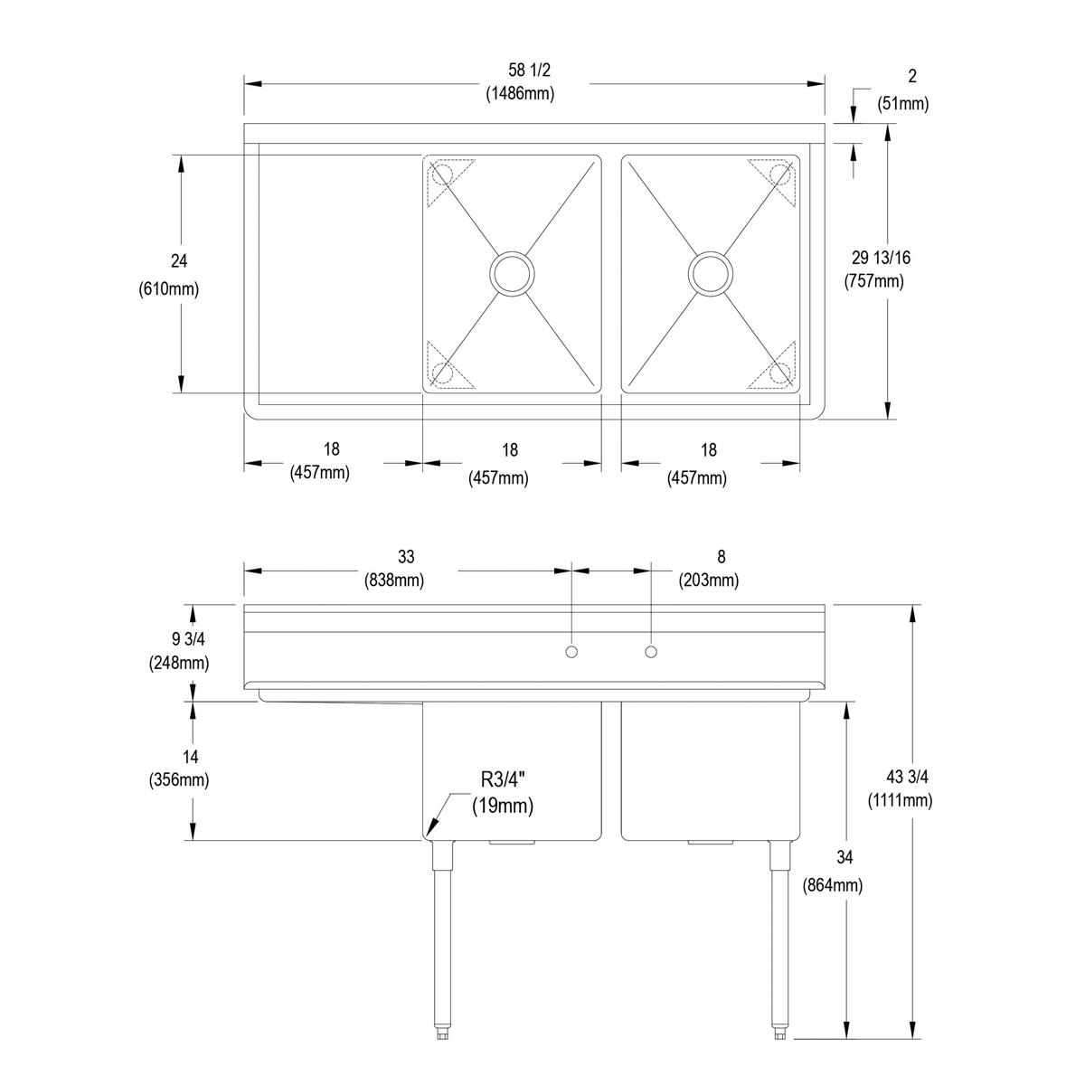 Stainless steel two-compartment sink with 18" left drainboard and four legs, shown in top and side technical drawings.