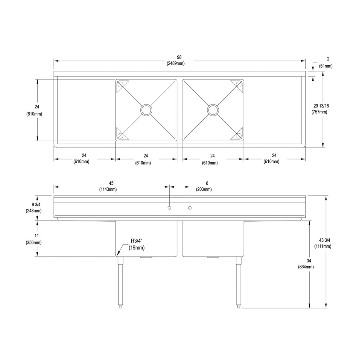 Stainless steel two-compartment sink with left and right drainboards and stainless steel legs, shown in top and side technica